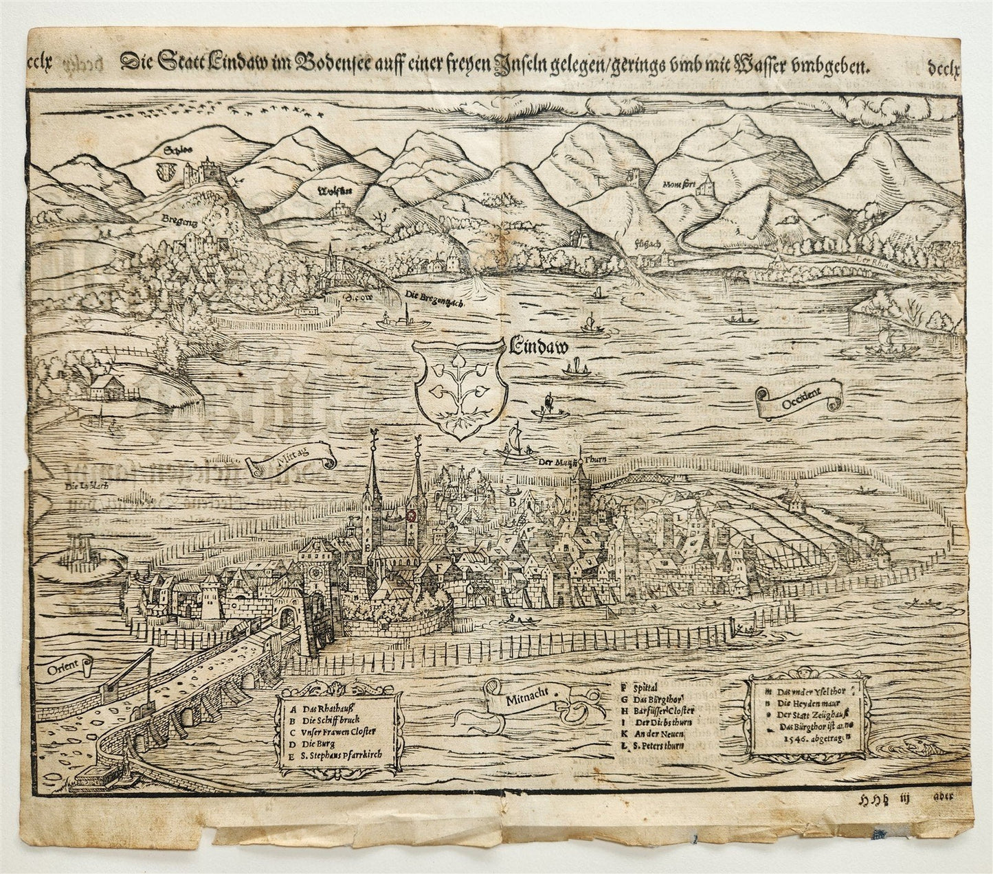 1572 LINDAU GERMANY MAP from SEBASTIAN MUNSTER COSMOGRAPHY antique