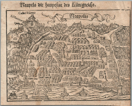 1572 NAPLES ITALY MAP from SEBASTIAN MUNSTER COSMOGRAPHIA antique NEAPOLIS