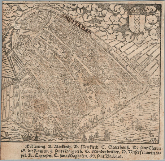 1572 MAP of AMSTERDAM NETHERLANDS from SEBASTIAN MUNSTER COSMOGRAPHIA antique