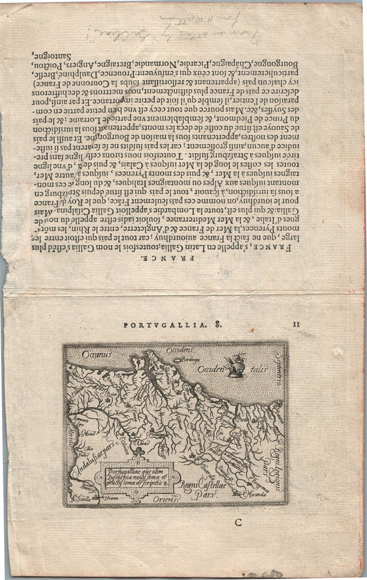 1572 MAP of FRANCE & PORTUGAL from SEBASTIAN MUNSTER COSMOGRAPHIA antique