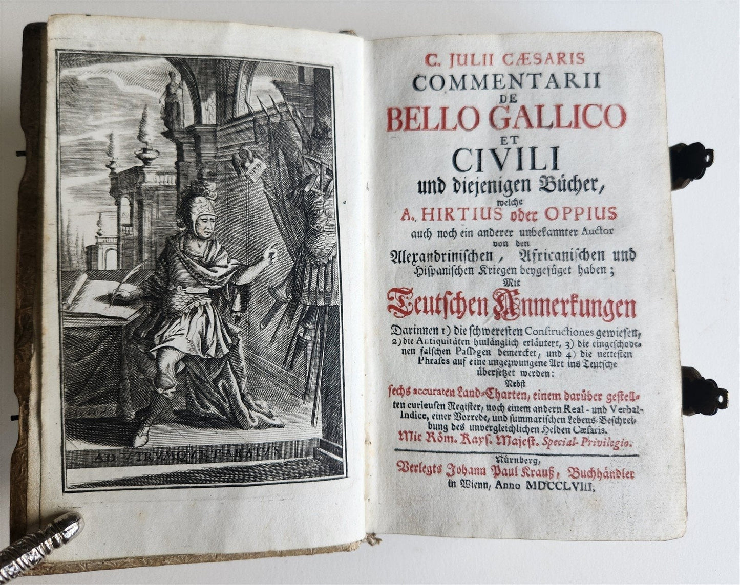 1758 JULIUS CAESAR ILLUSTRATED w/ MAPS DE BELLO GALICO et CIVILI antique PIGSKIN