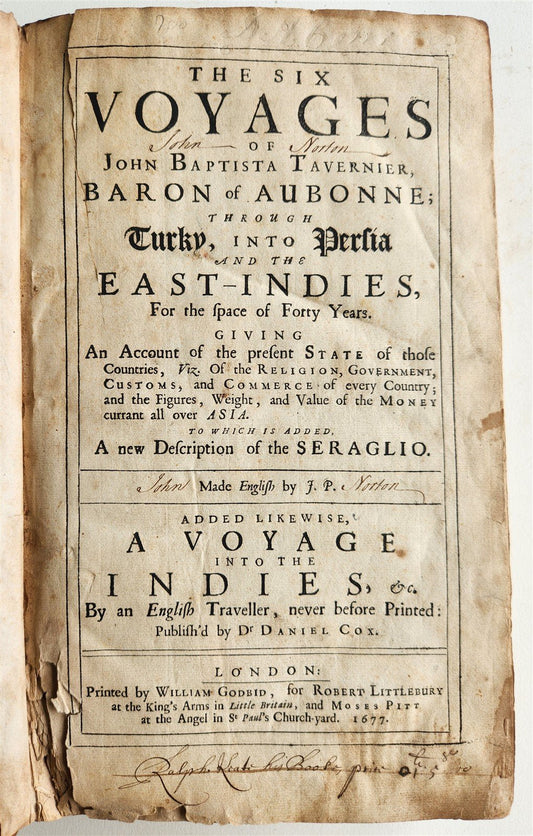 1677 SIX VOYAGES OF JOHN BAPTISTA TAVERNIER antique FOLIO ILLUSTRATED