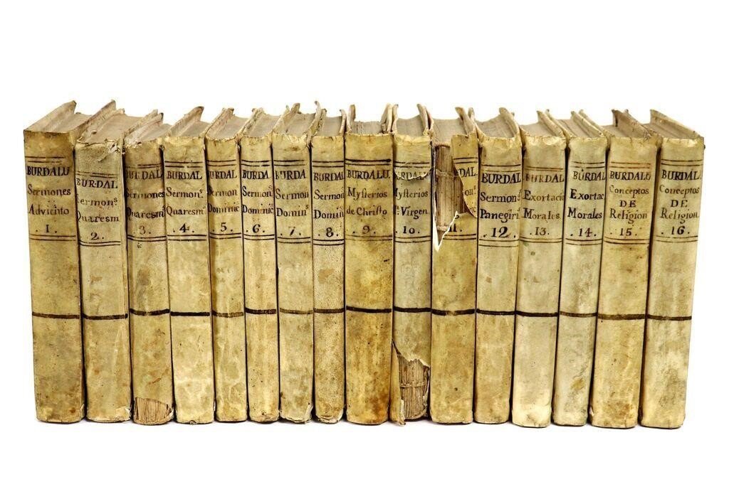 1779 WORKS of LOUIS BOURDALOUE 16 VOLUMES in SPANISH antique VELLUM BINDING