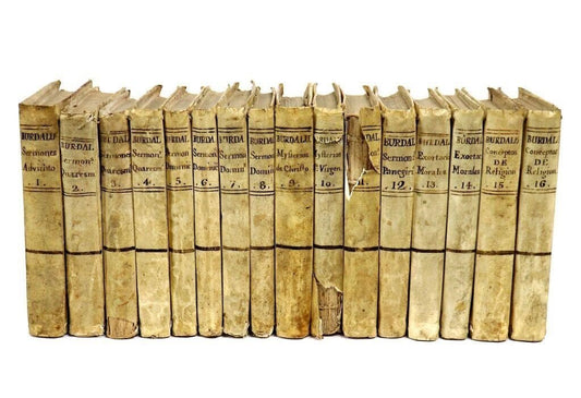 1779 WORKS of LOUIS BOURDALOUE 16 VOLUMES in SPANISH antique VELLUM BINDING