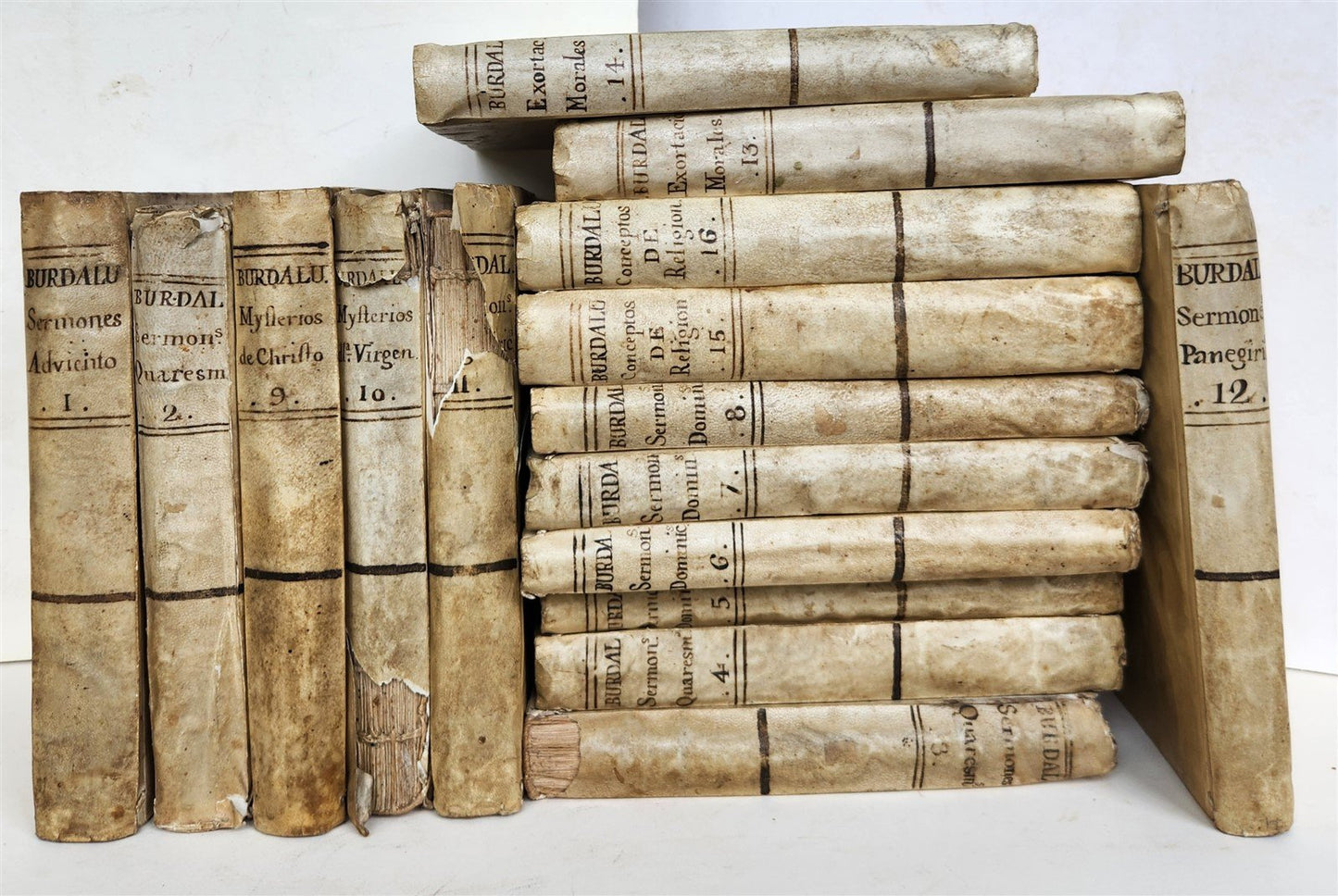 1779 WORKS of LOUIS BOURDALOUE 16 VOLUMES in SPANISH antique VELLUM BINDING