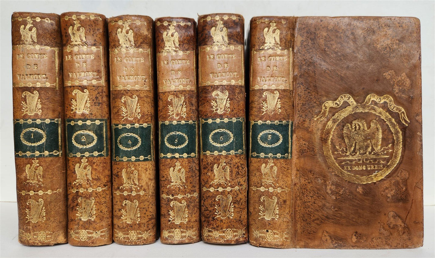 1807 GILT STAMPED BINDINGS w/NAPOLEONIC EAGLE 6 VOLS antique Le Comte de Valmont