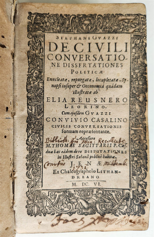 1606 De civili conversatione dissertationes Politicae antique VELLUM S. Gauzzi