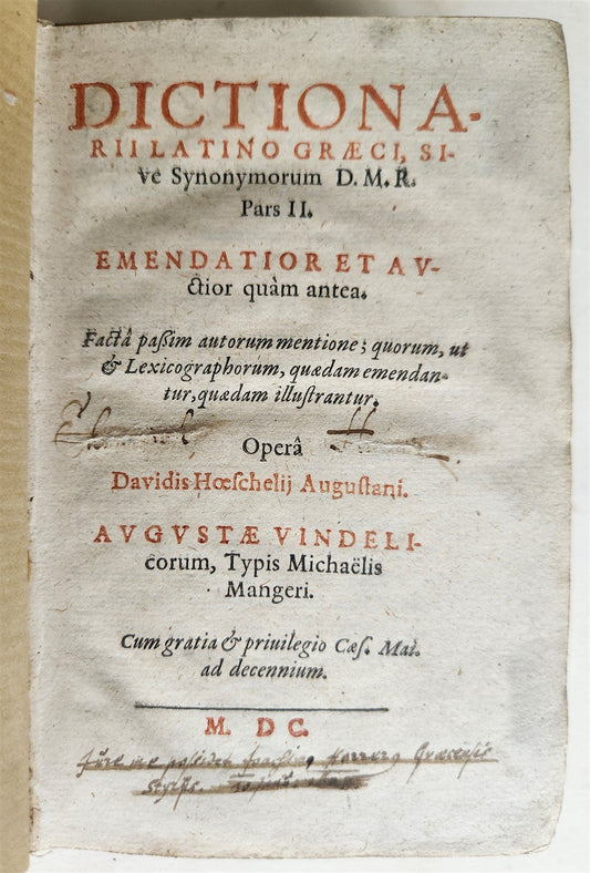 1600 LATIN GREEK DICTIONARY antique RARE 16th century Dictionarii Latino Graeci