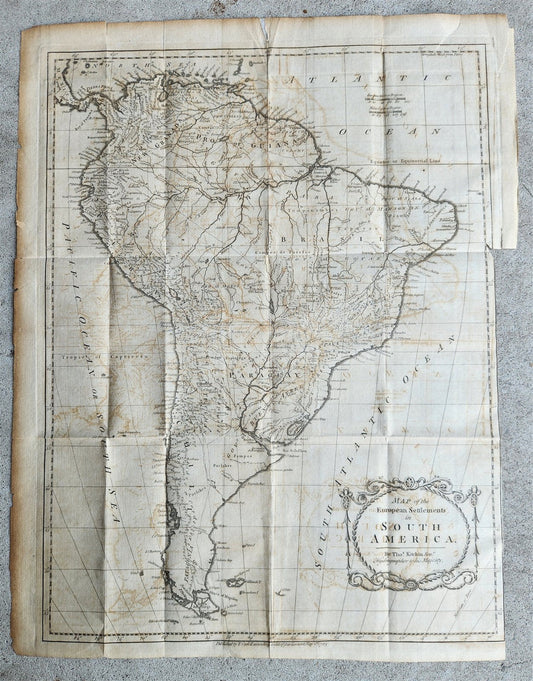 1783 MAP of EUROPEAN SETTLEMENTS in SOUTH AMERICA Antique