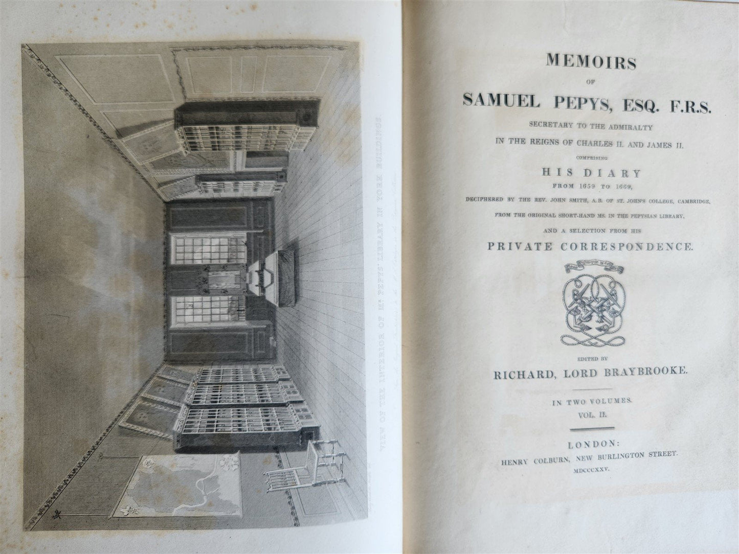 1825 PEPYS'S MEMORIES 2 VOLUMES antique ILLUSTRATED in ENGLISH 1st EDITION folio