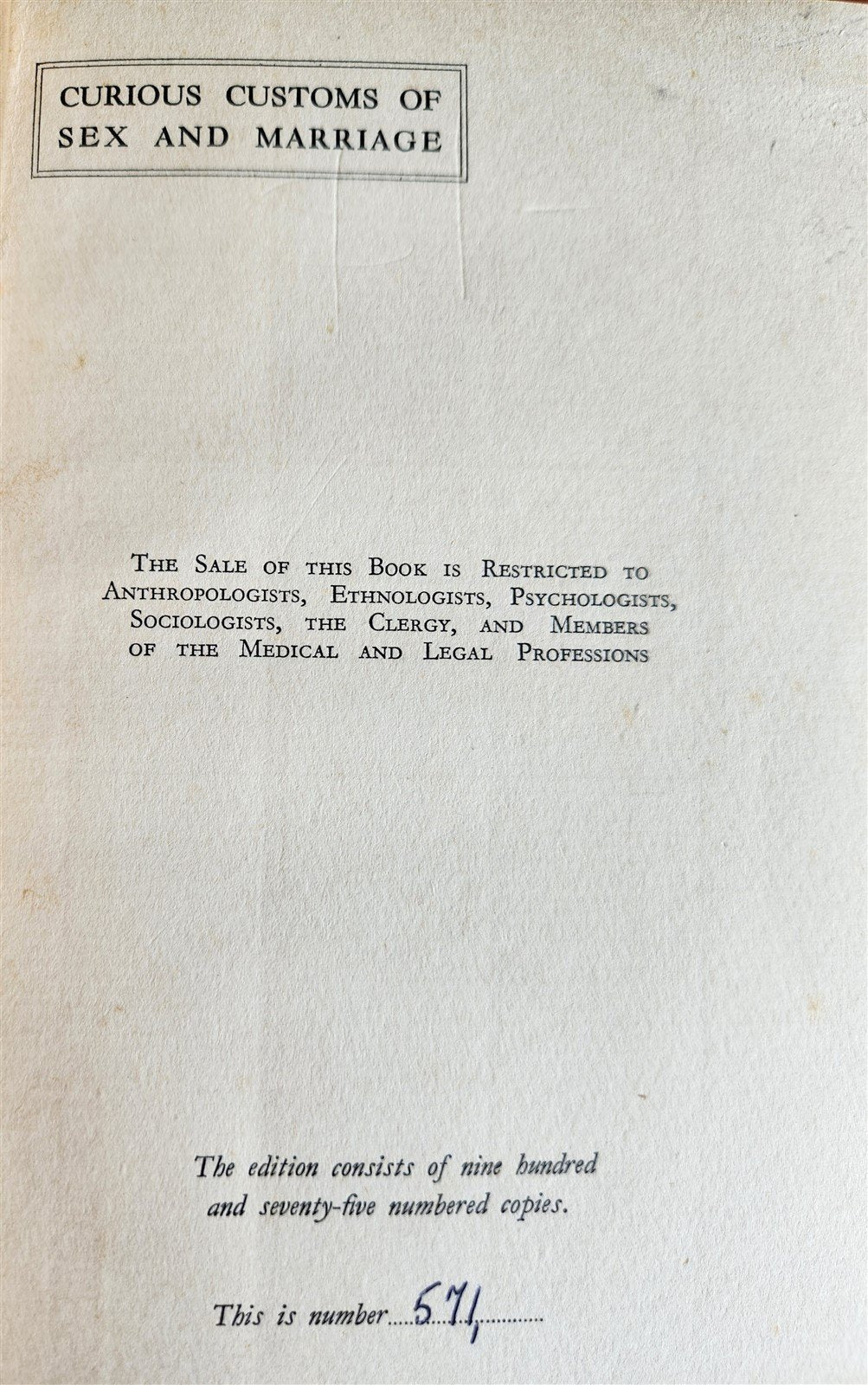 1950s CURIOS CUSTOMS of SEX & MARRIAGE ILLUSTRATED vintage LTD EDITION NUMBERED
