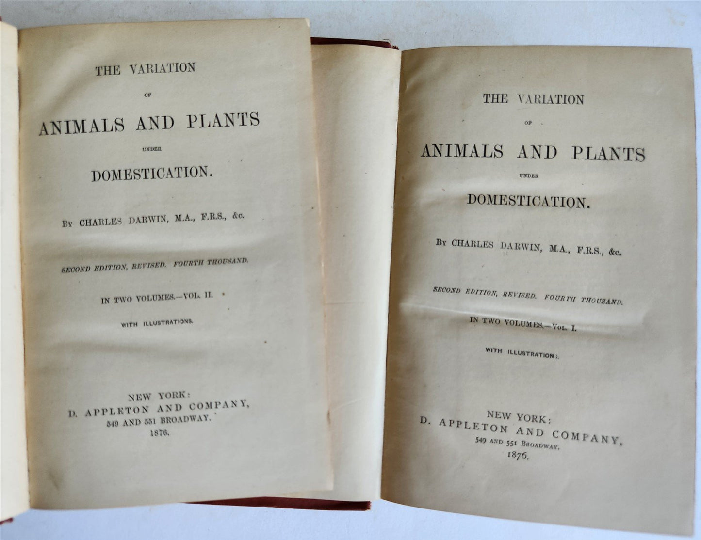 1876 CHARLES DARWIN VARIATION of ANIMALS & PLANTS antique 2 VOLUMES 2nd US ed.