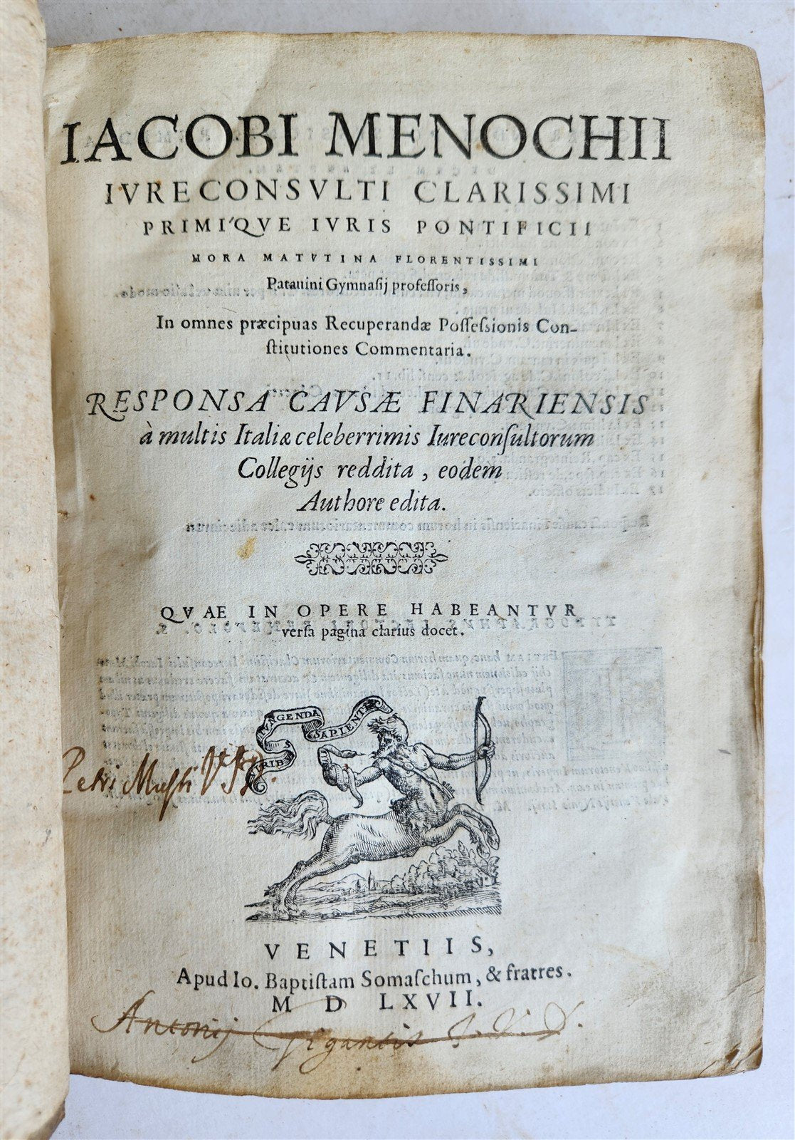 1567 LAW BOOK RESPONSA CAUSAE FINARIENSIS by JACOBI MENOCHII antique VELLUM