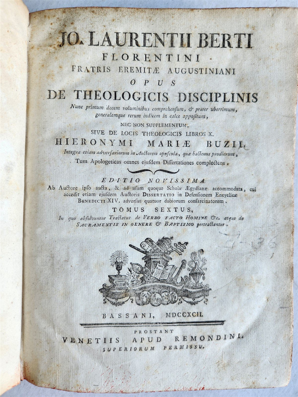 1792 THEOLOGY by JO. LAURENTII BERTI FLORENTINI antique VELLUM BINDING