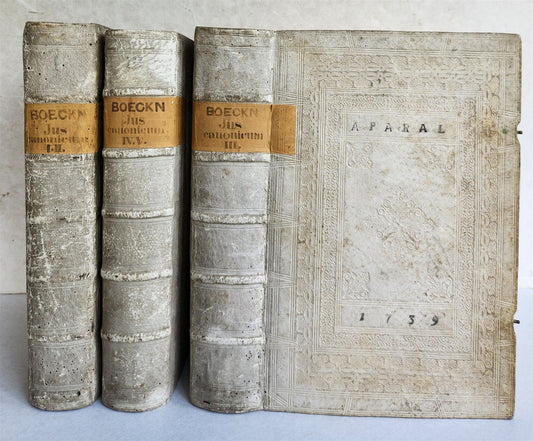 1735-39 CANON LAW 3 VOLUMES antique PIGSKIN BOUND FOLIOS w/ CLASPS