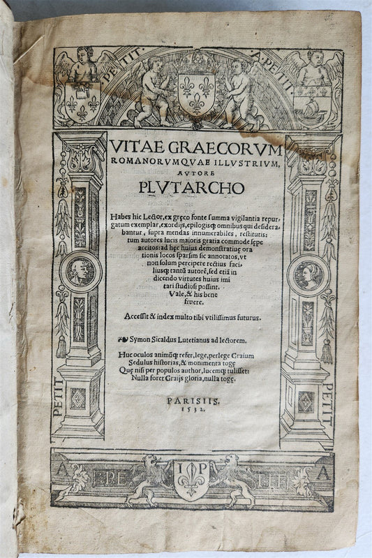 1532 PLUTARCH Vitae graecorum romanorum quae illustrium antique ARMORIAL FOLIO