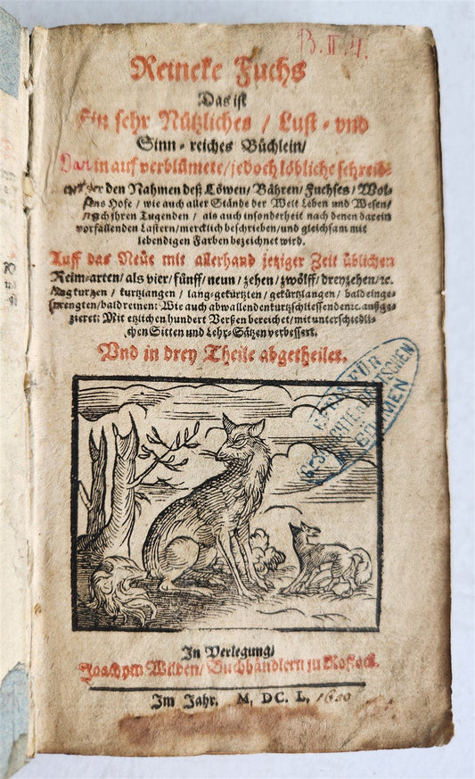 1650 REYNARD THE FOX in GERMAN antique ILLUSTRATED w/ 41 WOODCUTS