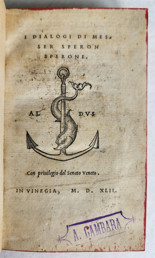 1542 ALDINE PRESS I DIALOGI di MESSER SPERON SPERONI antique VELLUM BOUND ALDUS