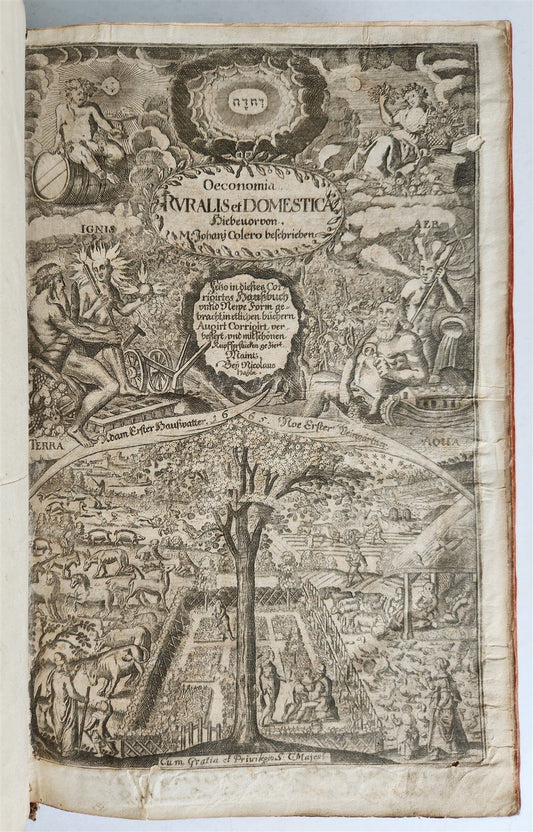 1665 OECONOMIA ILLUSTRATED antique hunting fishing livestock breeding PIGSKIN