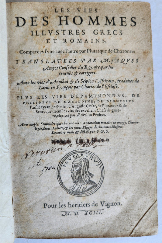 1593 PLUTARCH Les vies des hommes illustres grecs et romans ILLUSTRATED antique