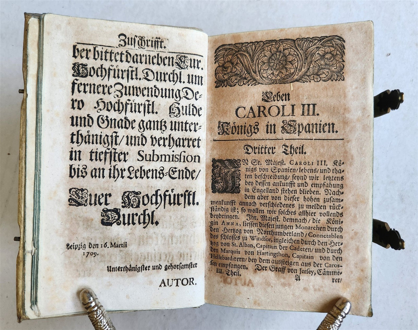 1709 LIFE of CAROLI KING of SPAIN & INDIES antique PIGSKIN BOUND ILLUSTRATED v.3