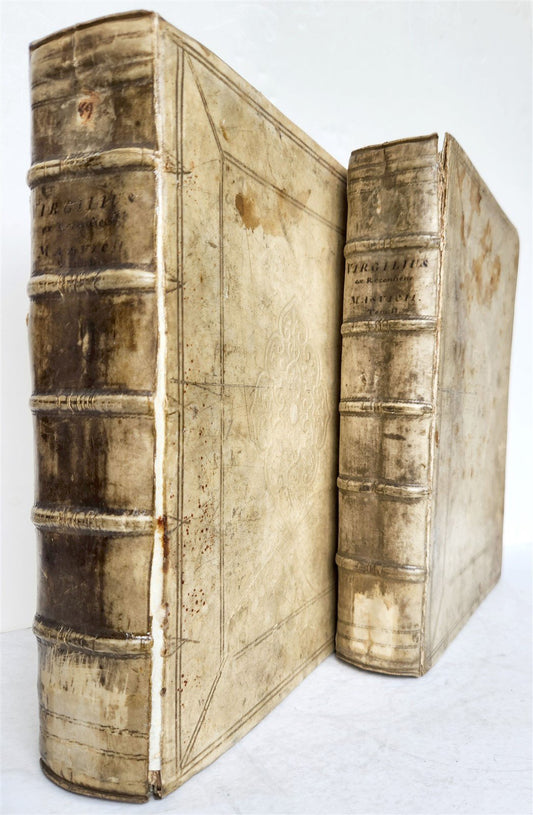 1717 VIRGIL OPERA 2 VOLUMES antique BLIND-STAMPED VELLUM BINDING illustrated