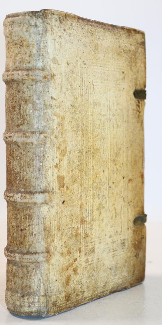 1601 CATECHISMUS by PLANTIN PRESS antique PIGSKIN over WOOD BINDING w/ CLASPS