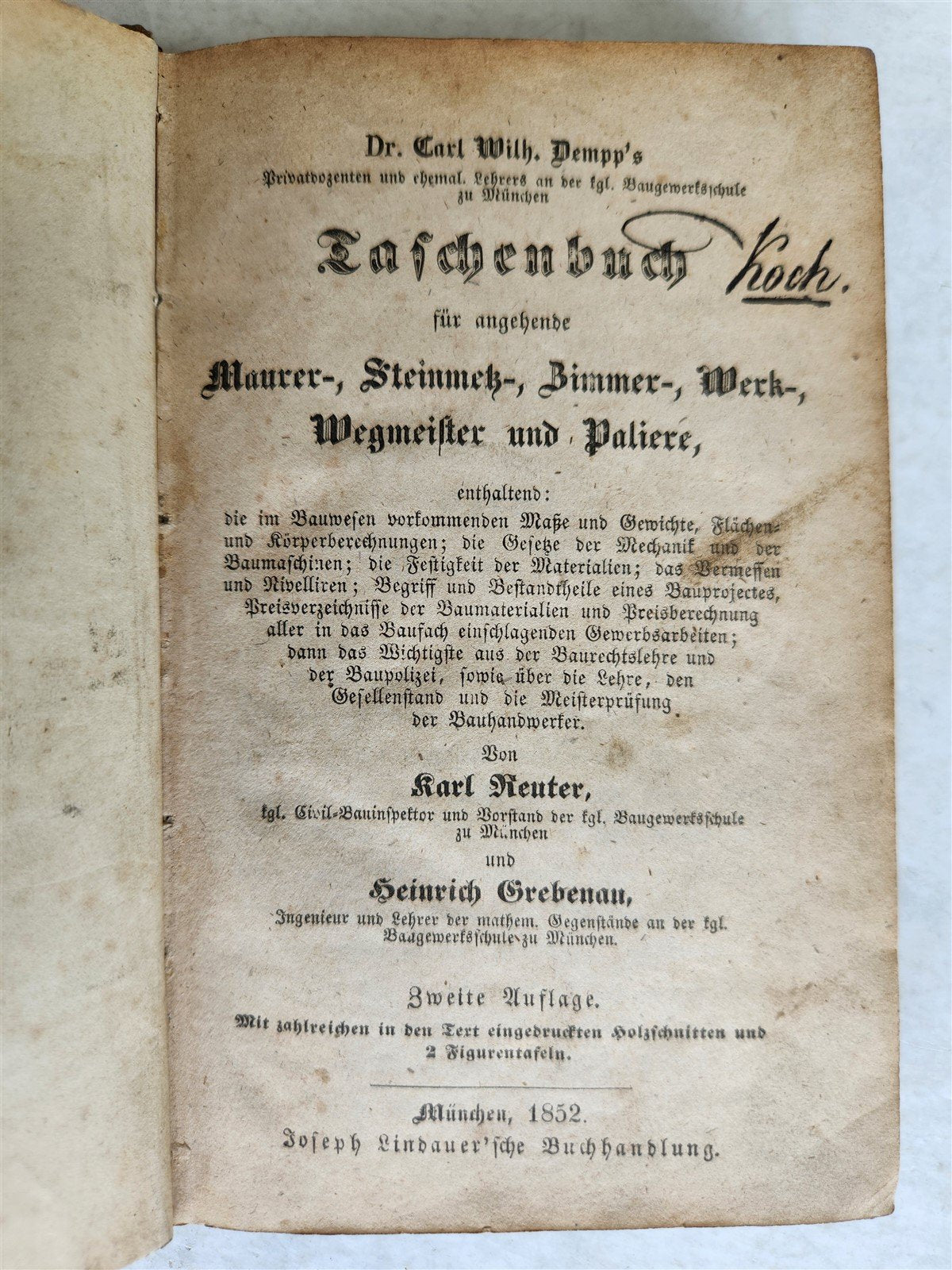 1852 POCKETBOOK for SONE MASONS CARPENTERS FOREMEN antique ILLUSTRATED in GERMAN