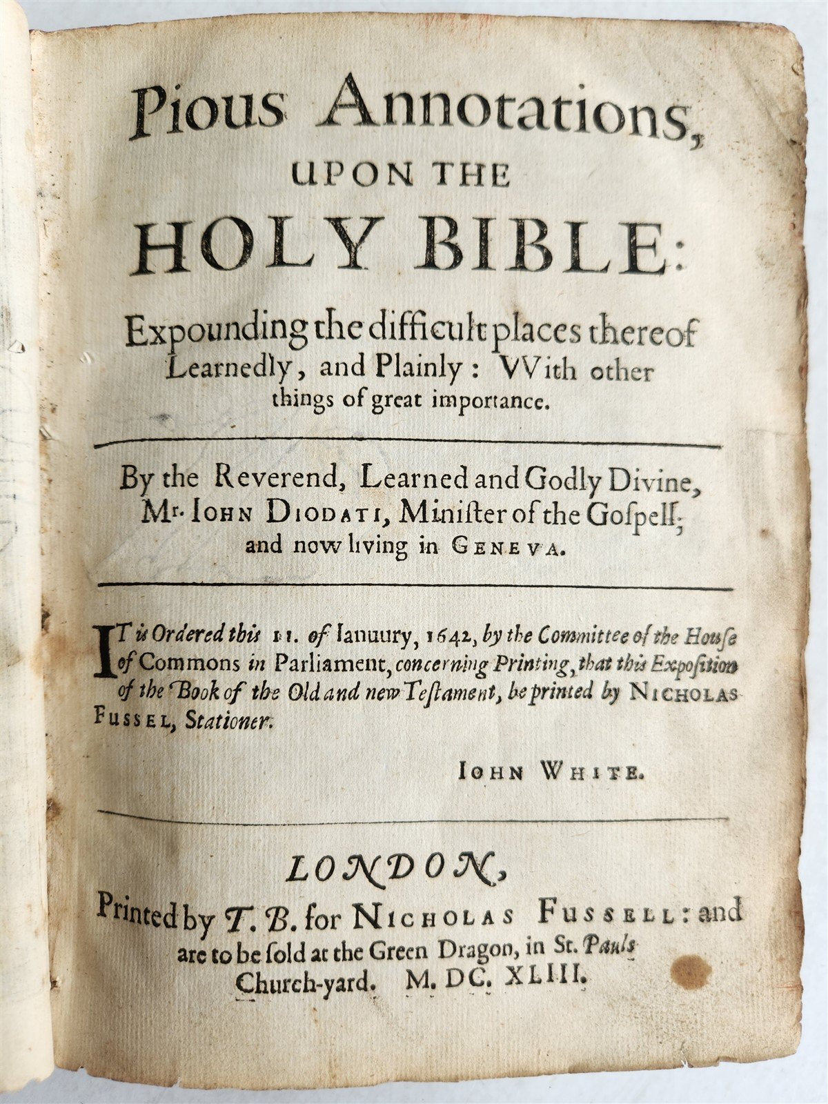 1643 Pious Annotations upon Holy Bible in ENGLISH by Giovanni Diodati antique