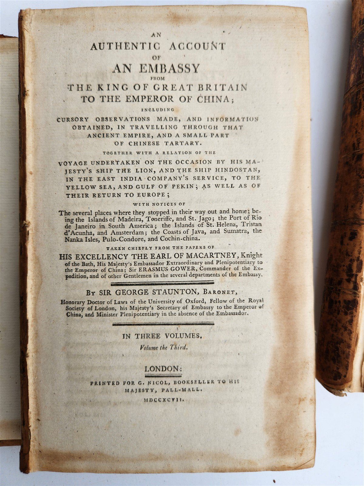 1797 EMBASSY ACCOUNT from KING of GREAT BRITAIN to EMPEROR of CHINA antique 3 v.