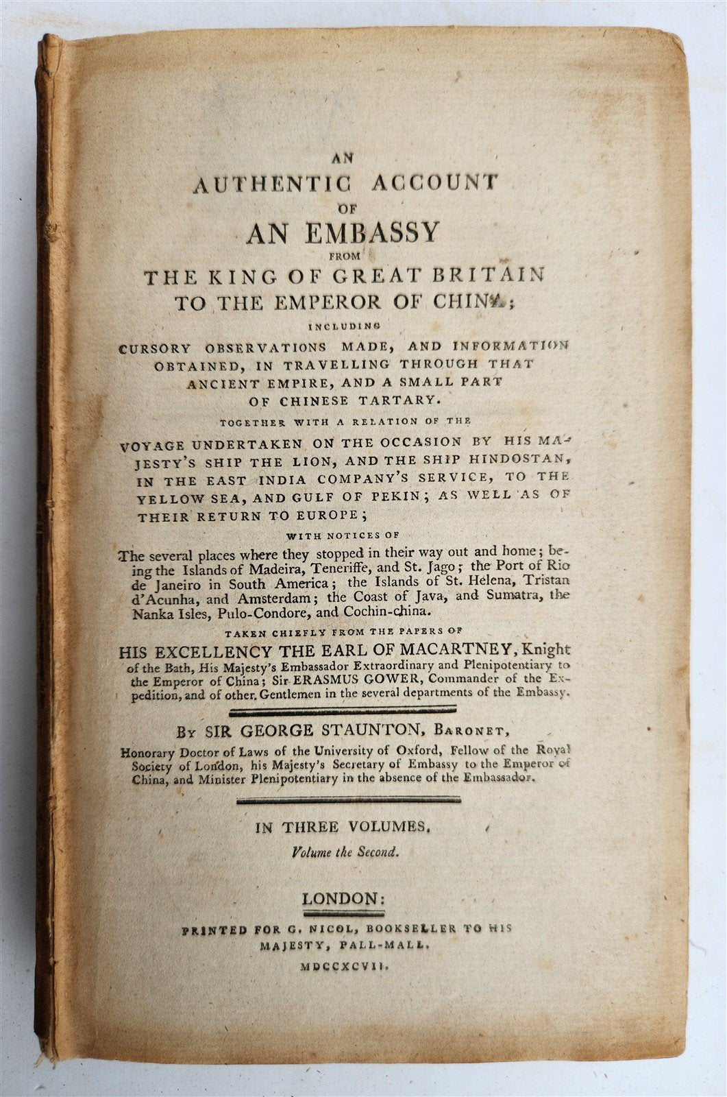 1797 EMBASSY ACCOUNT from KING of GREAT BRITAIN to EMPEROR of CHINA antique 3 v.