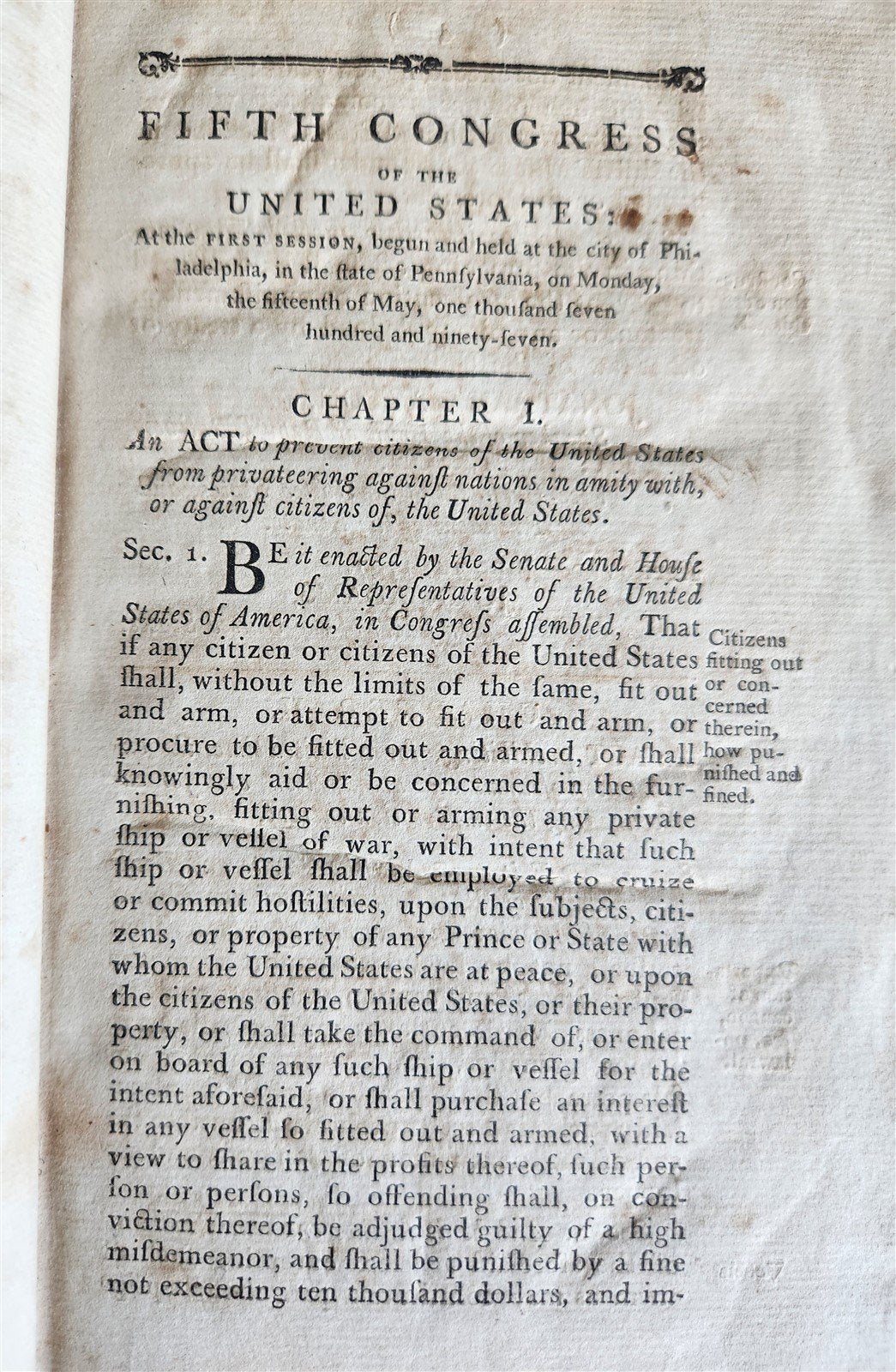 1797 ACTS of FIFTH CONGRESS of UNITED STATES of AMERICA in PHILADELPHIA antique