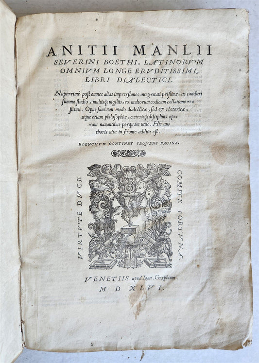 1546 PHILOSOPHY Anitii Manlii Seuerini Boethi Latinorum ILLUSTRATED antique