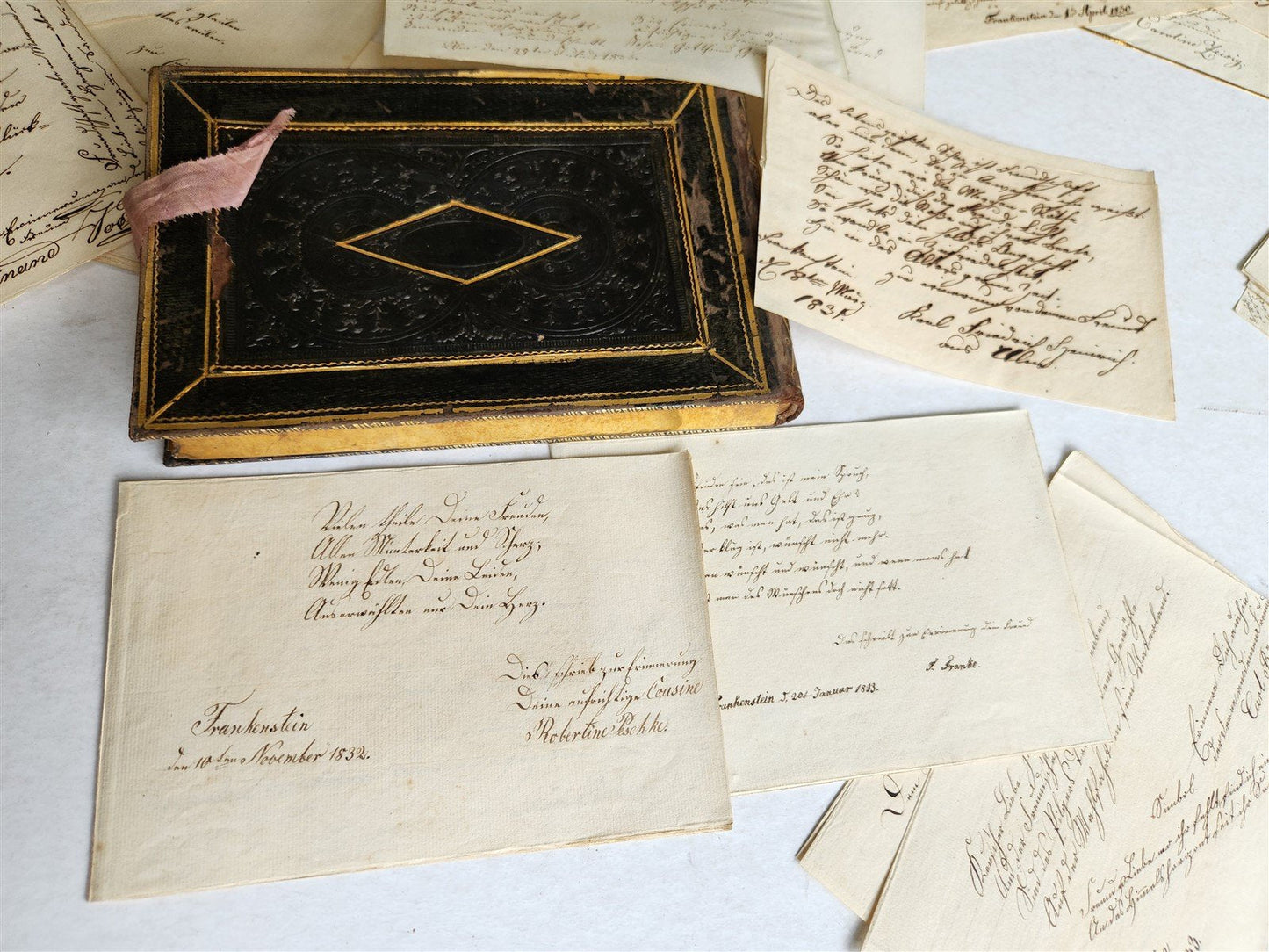 1830s UNUSUAL FAMILY REGISTER BOX BOOK SHAPE GERMAN MANUSCRIPT ARCHIVE antique