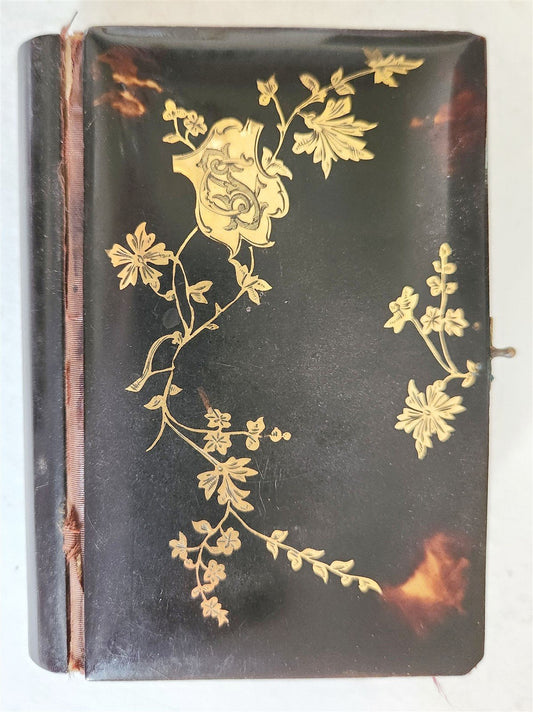 1889 TORTOISESHELL GOLD INLAY BINDING CATHOLIC PRAYER BOOK LATIN/FRENCH antique