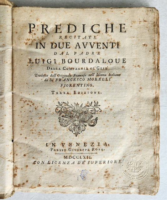 1762 PREDICHE RECITATE IN DUE AVVENTI dal Padre LUIGI BOURDALOUE antique