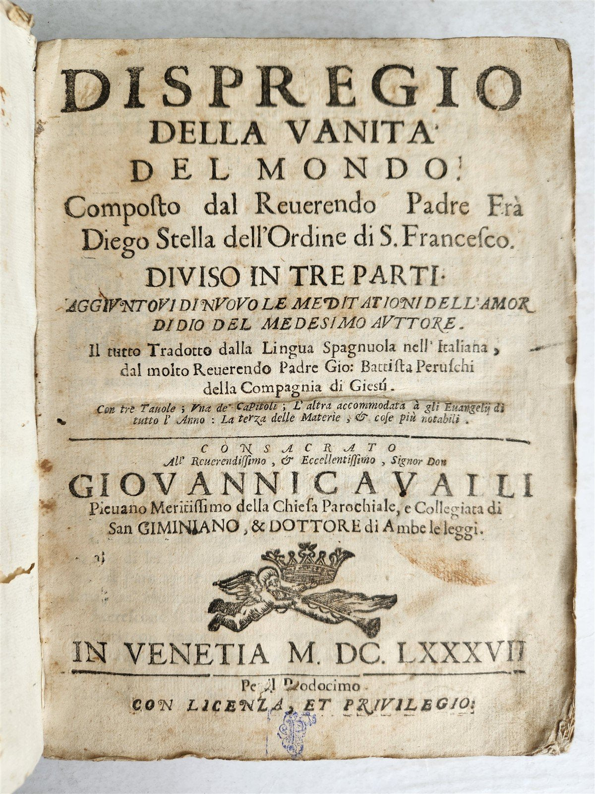 1687 DISPREGIO DELLA VANITA DEL MONDO by DIEGO STELLA antique VELLUM BOUND