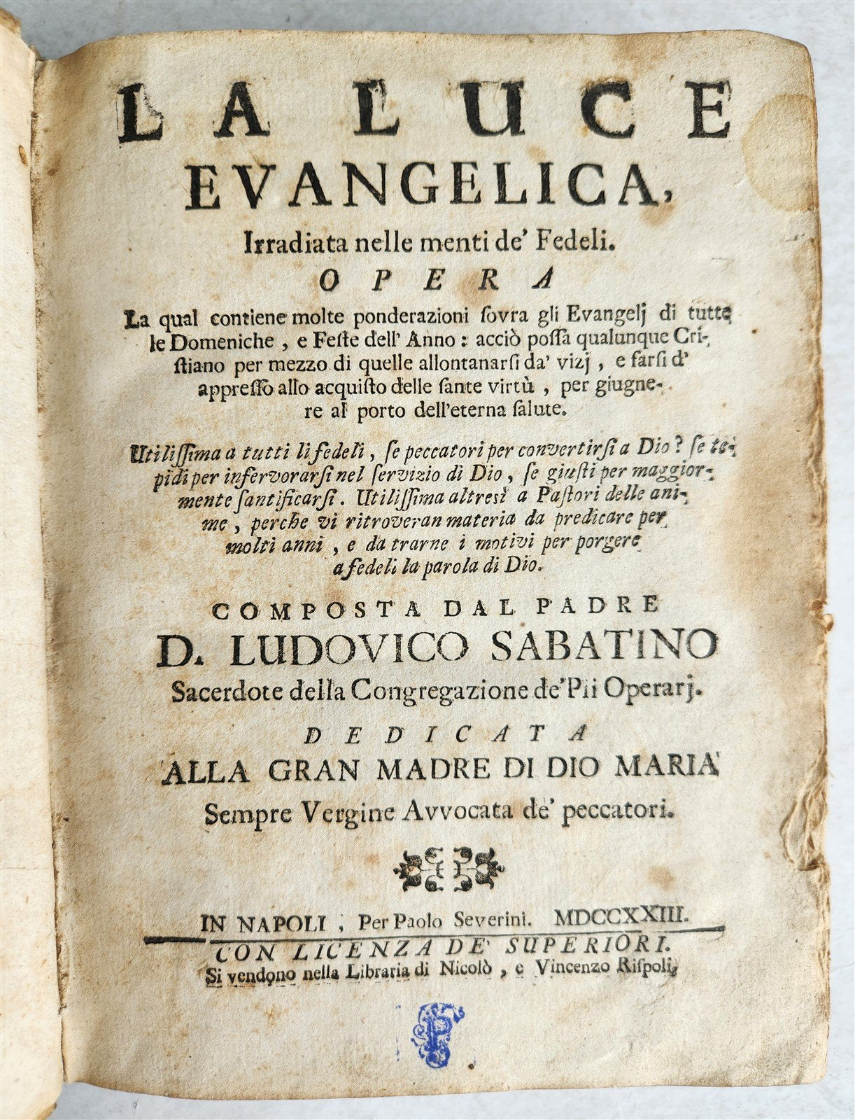 1723 THEOLOGY by D. LUDOVICO SABATINO LA LUCE EVANGELICA antique VELLUM BOUND