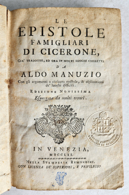 1761 LE EPISTOLE FAMIGLIARI di CICERONE da ALDO MANUZIO antique