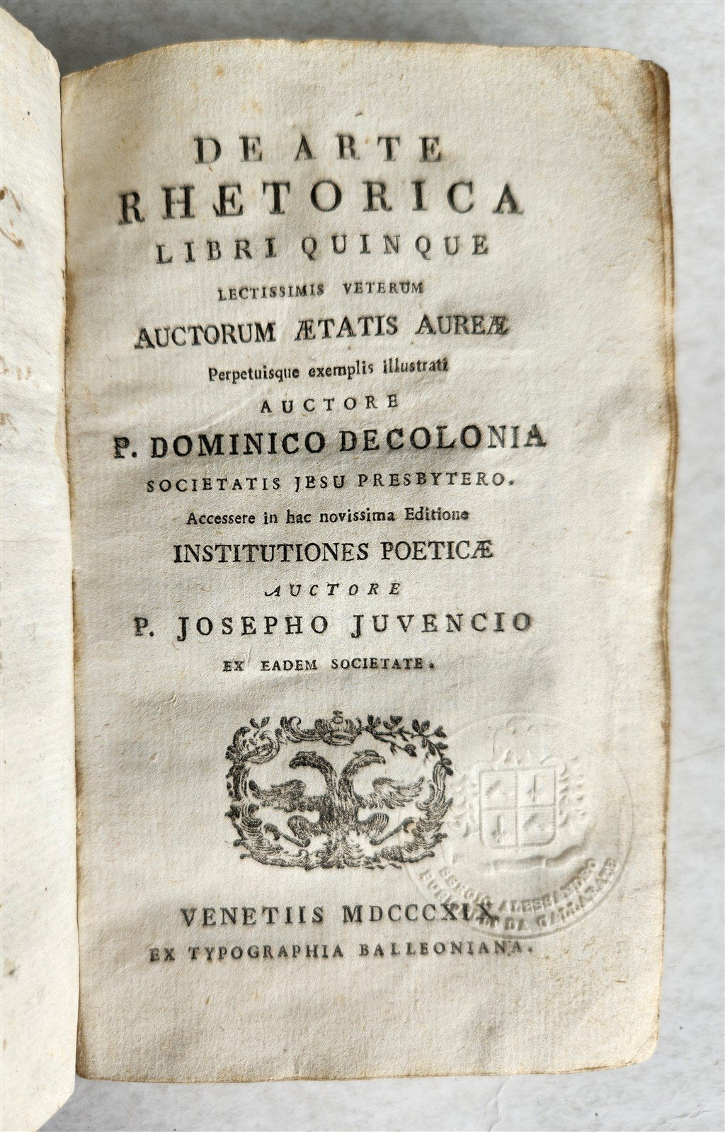 1819 DE ARTE RHETORICA by P. DOMINICO DECOLONIA antique VELLUM BOUND