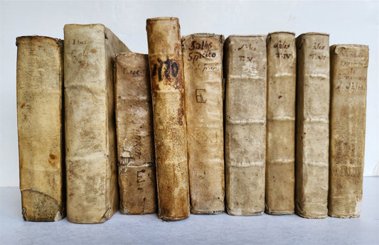 17th - 18th CENTURY LOT of 9 antique VELLUM BOUND BOOKS decorative