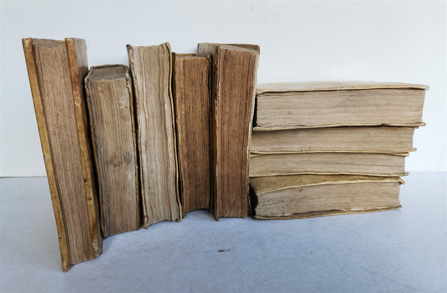 17th - 18th CENTURY LOT of 9 antique VELLUM BOUND BOOKS decorative