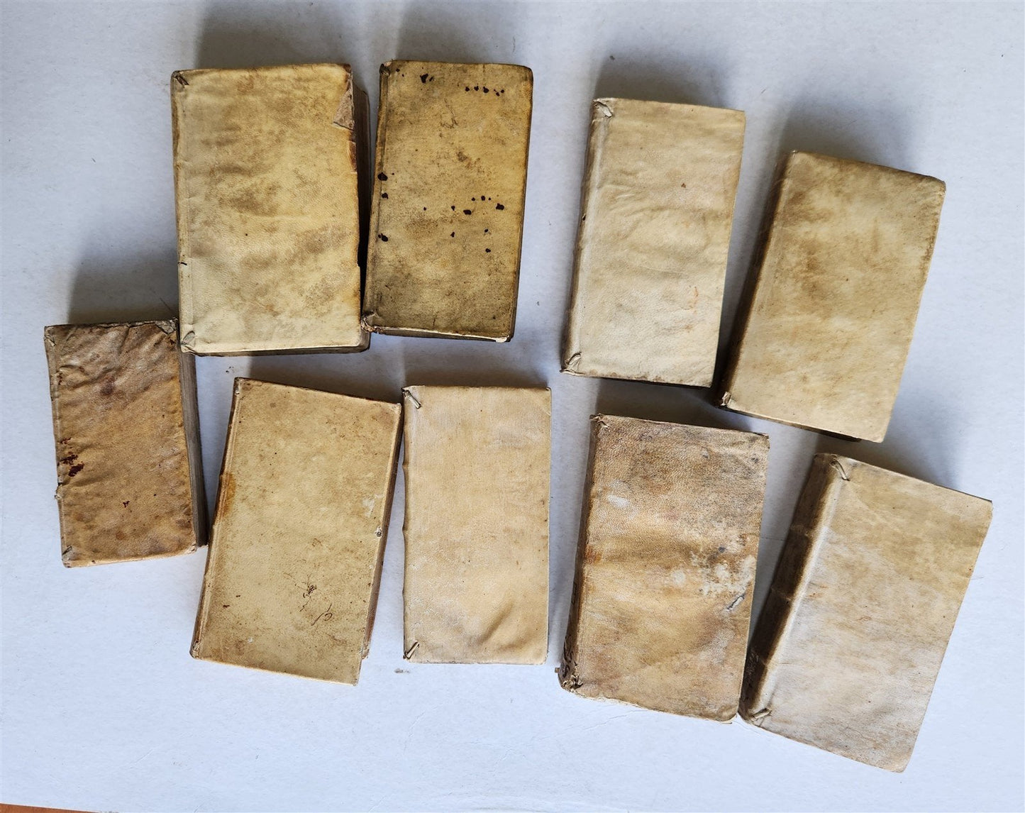 17th - 18th CENTURY LOT of 9 antique VELLUM BOUND BOOKS decorative