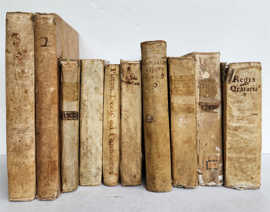 18th CENTURY LOT of 10 antique VELLUM BOUND BOOKS decorative