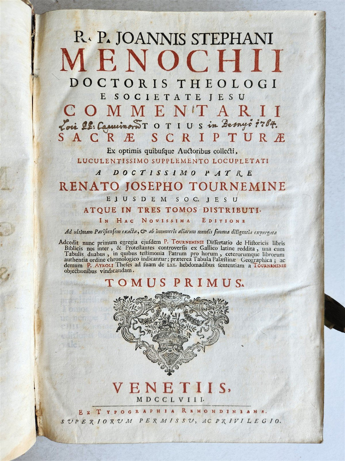 1758 BIBLE COMMENTARIES by J. MENOCHII antique PIGSKIN BOUND FOLIO