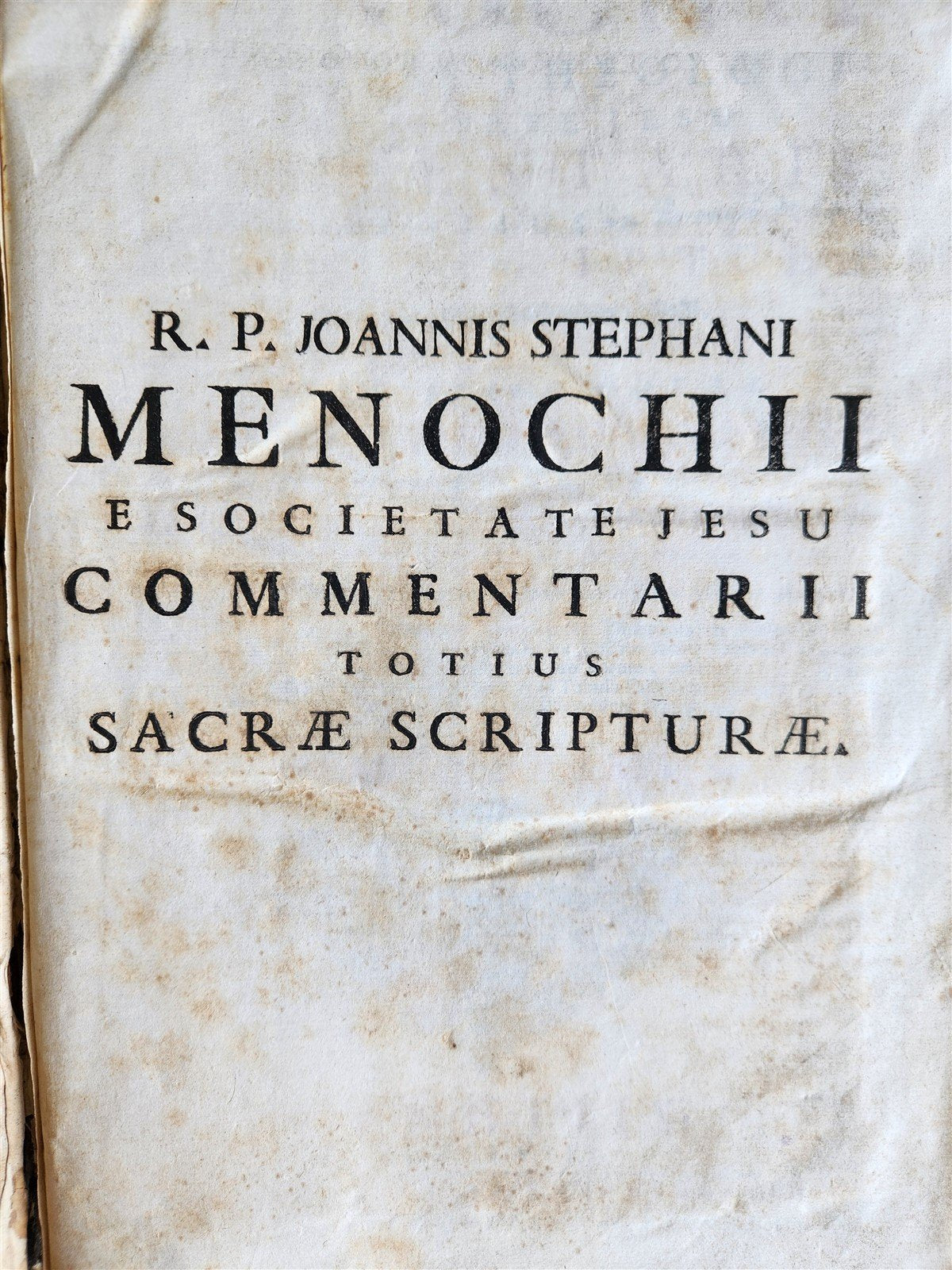 1758 BIBLE COMMENTARIES by J. MENOCHII antique PIGSKIN BOUND FOLIO