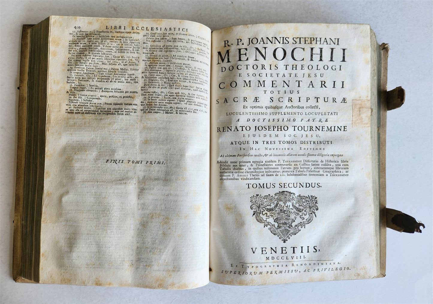 1758 BIBLE COMMENTARIES by J. MENOCHII antique PIGSKIN BOUND FOLIO