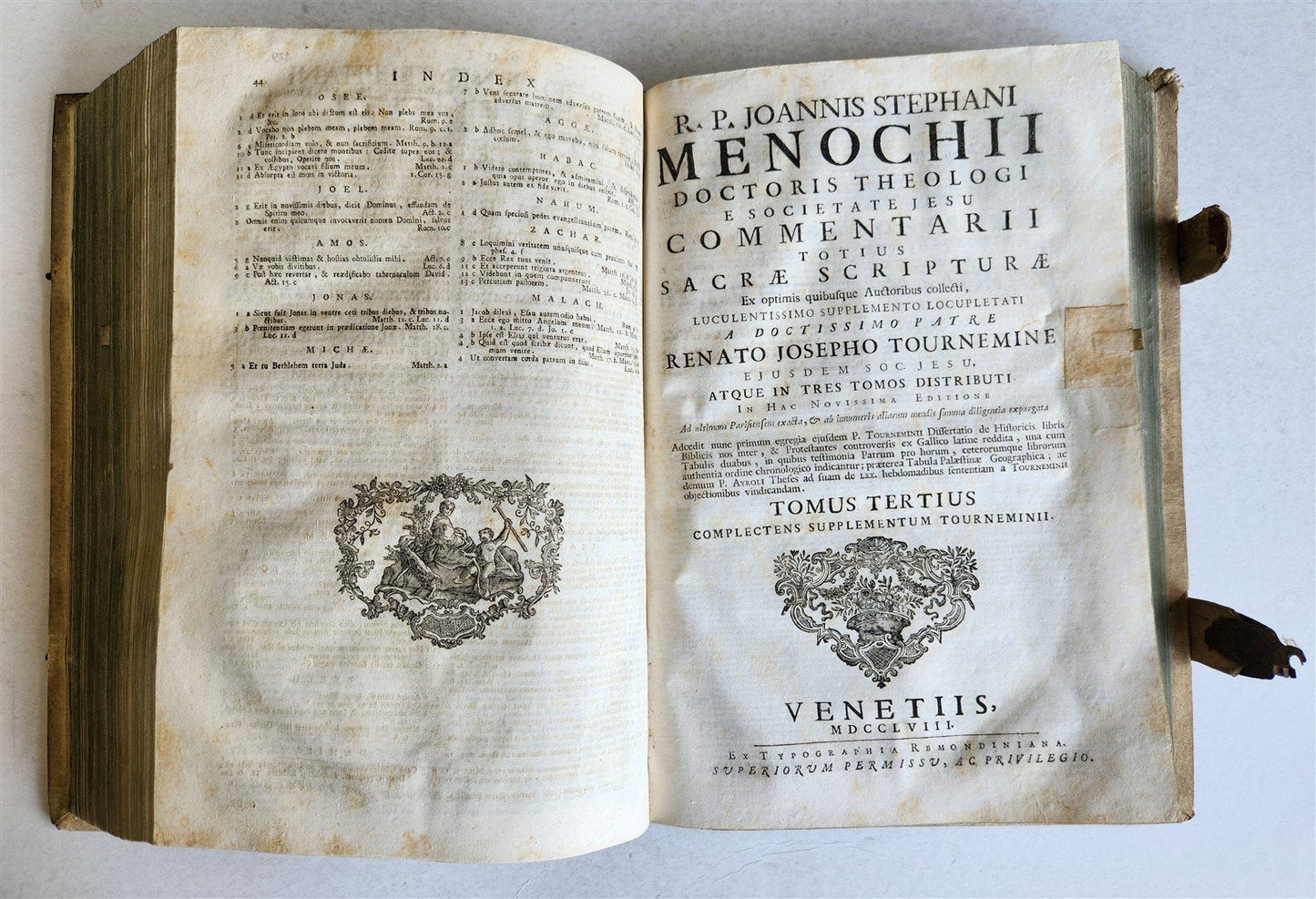 1758 BIBLE COMMENTARIES by J. MENOCHII antique PIGSKIN BOUND FOLIO