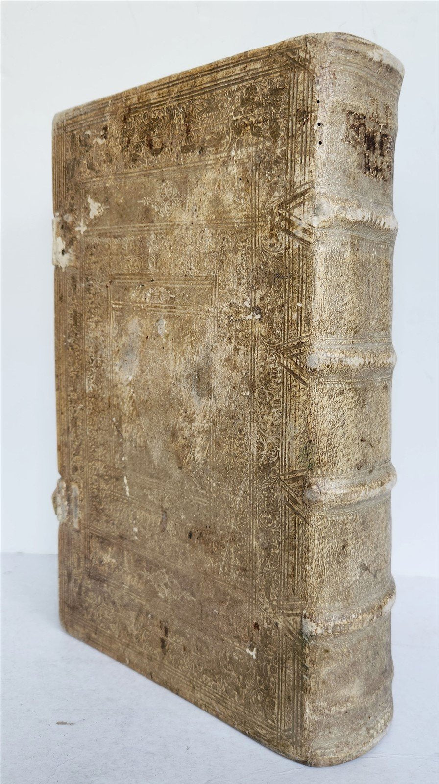 1710 DEPICTION of LUCIFER BATTLING w/ CHRISTIAN ARMY antique PIGSKIN BOUND FOLIO