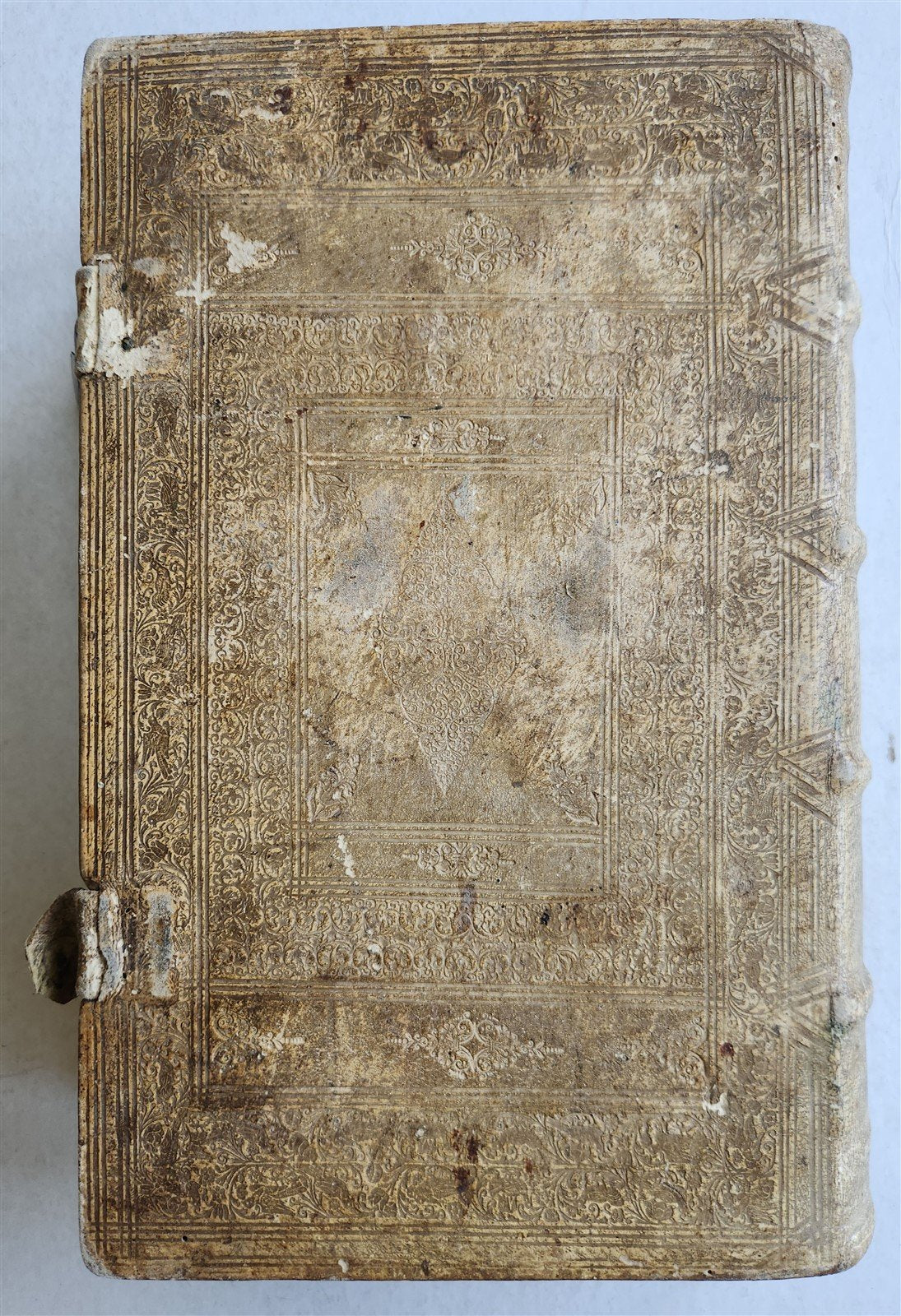 1710 DEPICTION of LUCIFER BATTLING w/ CHRISTIAN ARMY antique PIGSKIN BOUND FOLIO